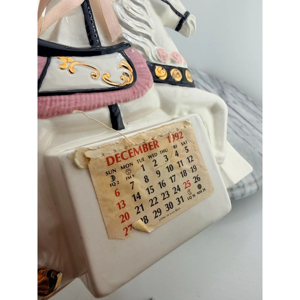 Vintage Ceramic Carousel Horse Calendar Iridescent Pink Gold Organizer Coquette